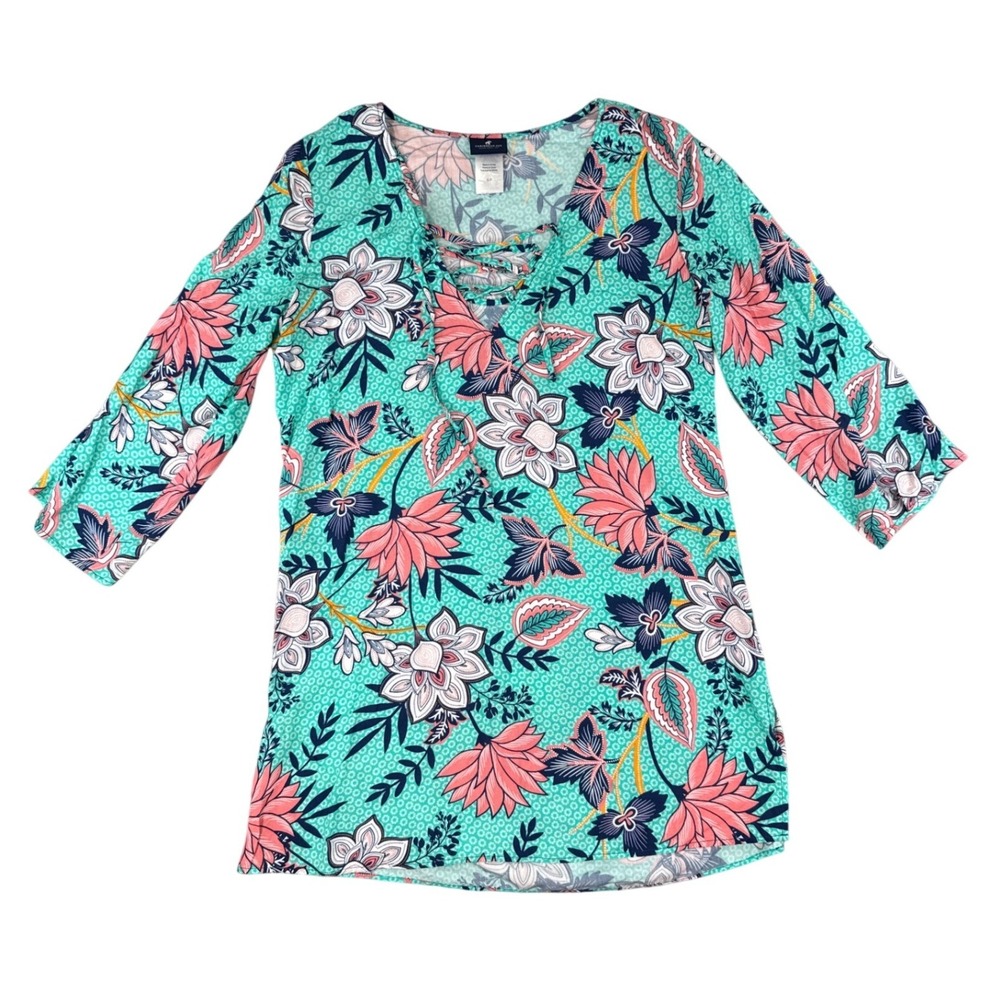 Caribbean Joe Teal Floral Lace Up V-Neck Tunic Top 3/4 Sleeve Rayon Shirt Blouse